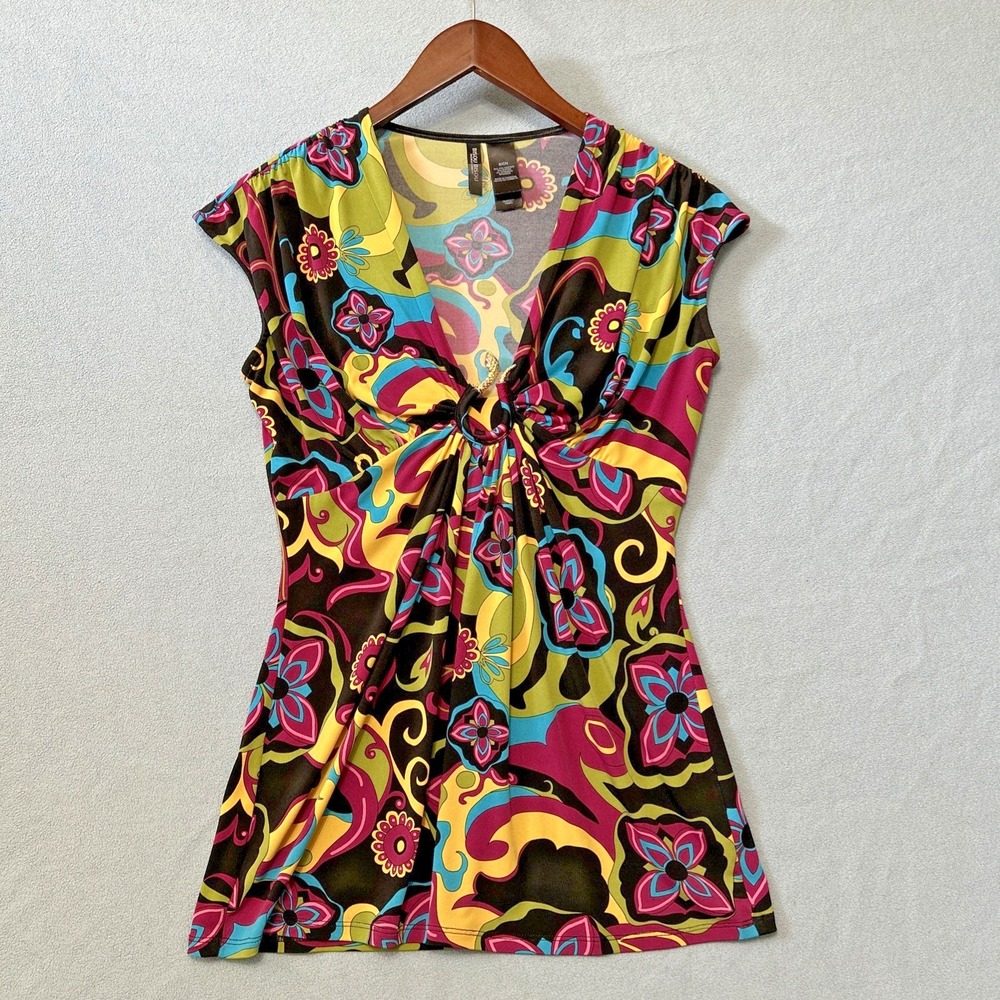 Vintage Bisou Bisou Womens Babydoll Print Top Small Serpent Snake Emblem Mandala